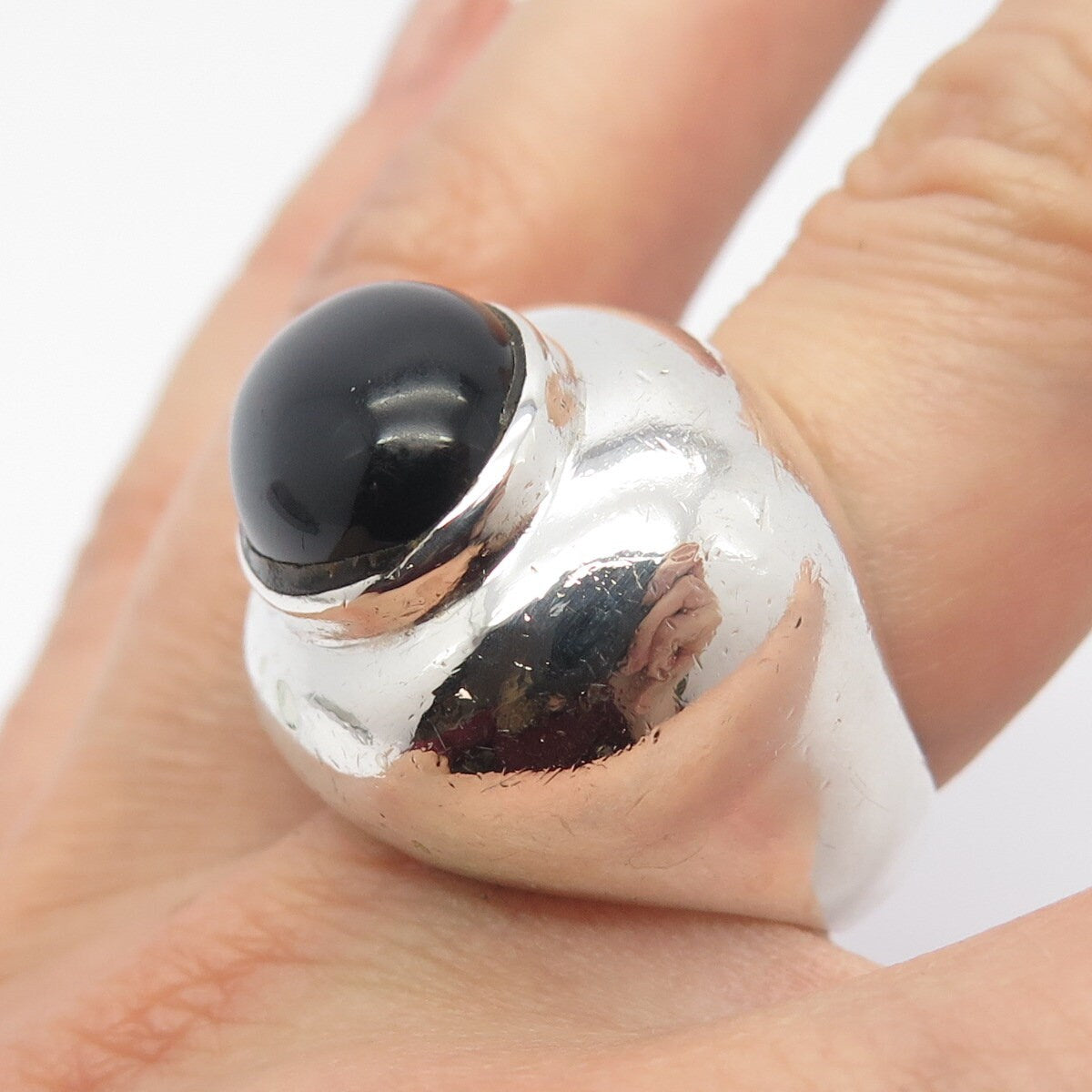 925 Sterling Silver Vintage Real Black Onyx Gem Domed Ring Size 6.25