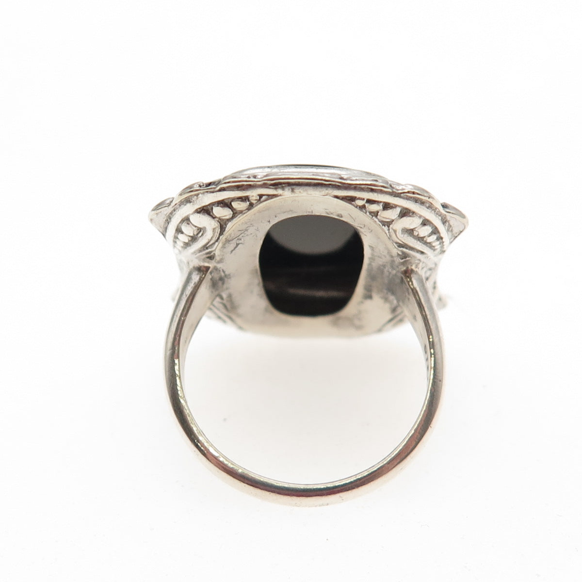 UNCAS 925 Sterling Antique Art Deco Real Black Onyx & Marcasite Ring Size 3.25