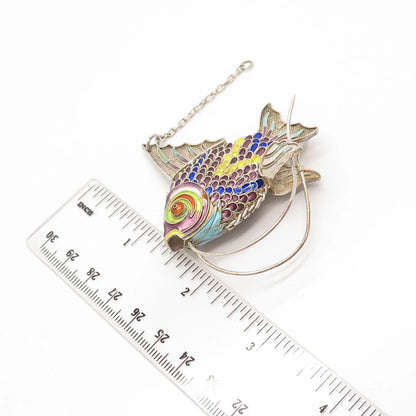 925 Sterling Silver Antique Enamel Chinese Koi Fish Articulated Chatelaine Fob