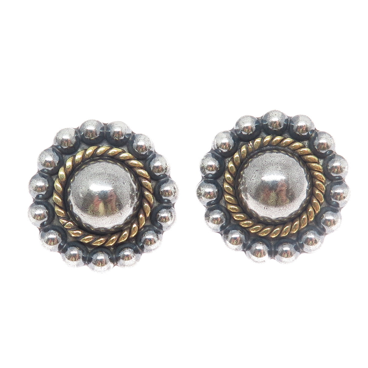 925 Sterling Silver 2-Tone Vintage Mexico Sun Beaded Oxidized Earrings