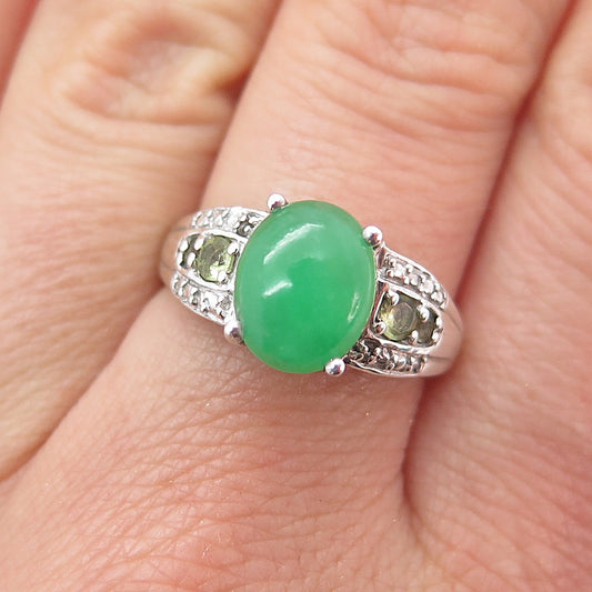 CHUCK CLEMENCY 925 Sterling Silver Vintage Real Jade & Peridot Ring Size 7.75