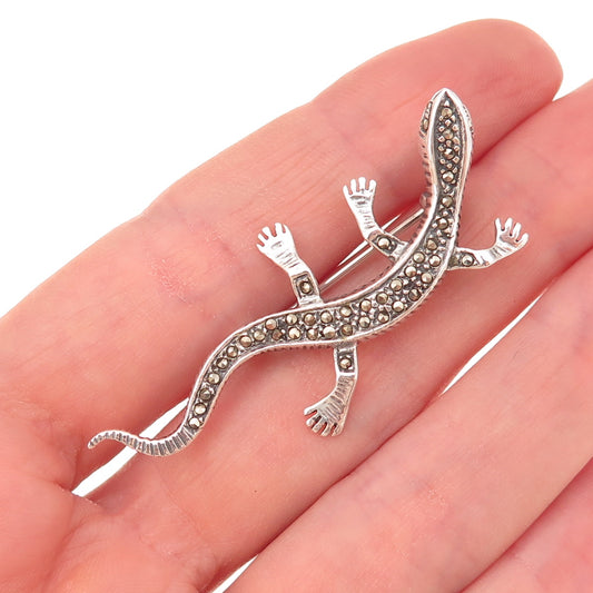925 Sterling Silver Vintage Real Marcasite Lizard Oxidized Pin Brooch