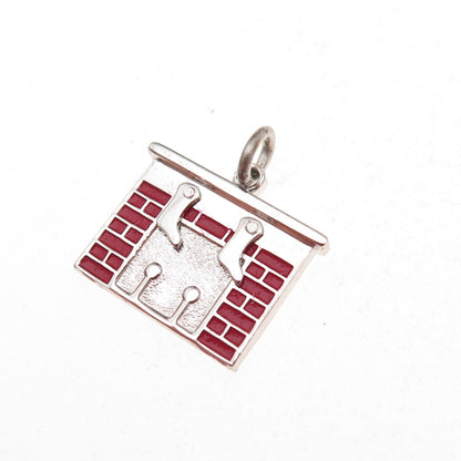 Wells 925 Sterling Silver Vintage Enamel Merry Christmas Fireplace Charm Pendant