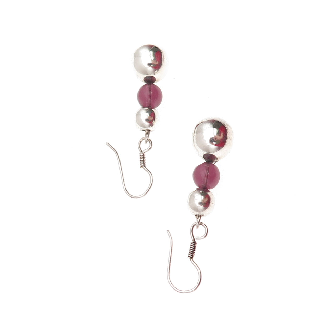 925 Sterling Silver Vintage Real Tourmaline Ball Beaded Dangle Earrings