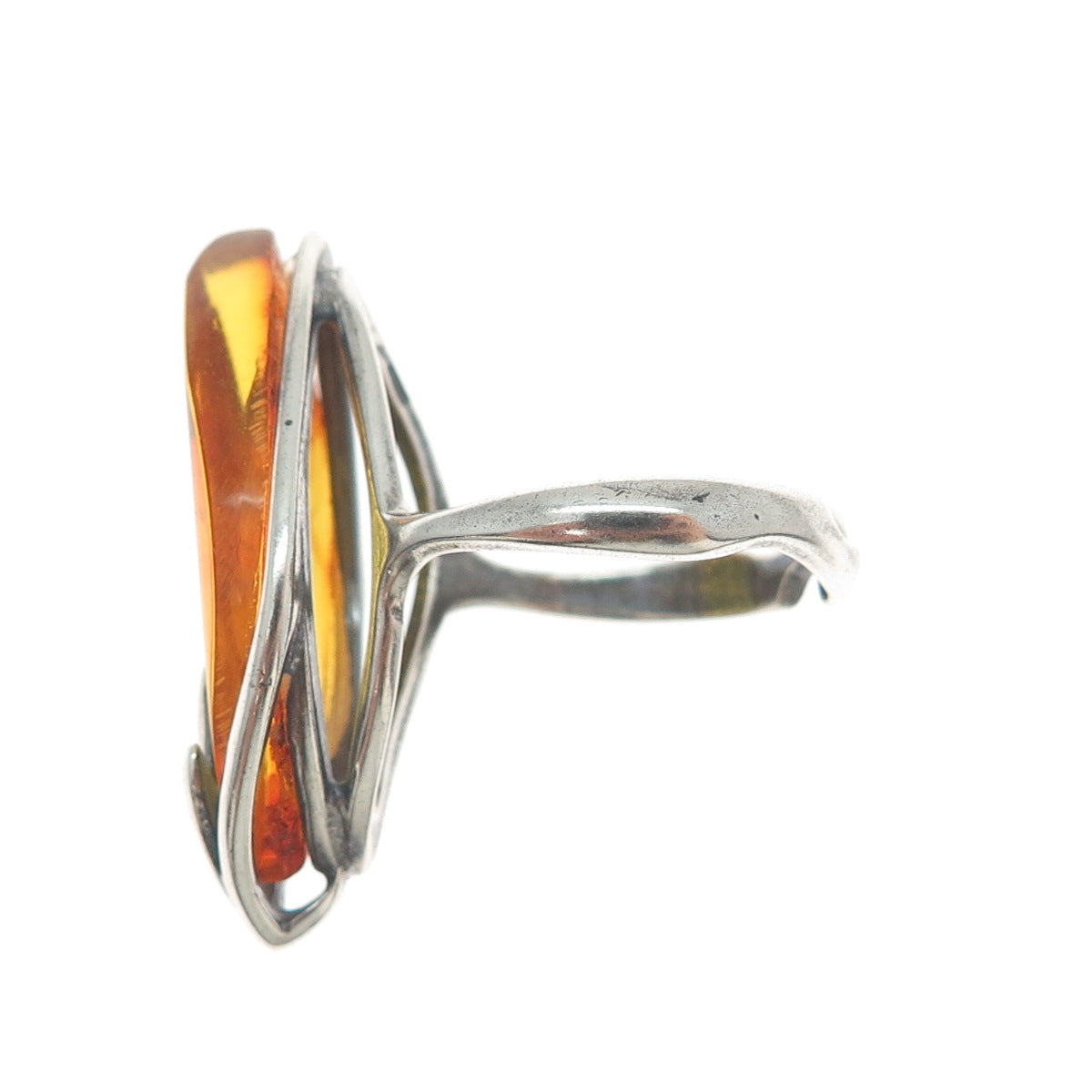 925 Sterling Silver Vintage Real Amber Modernist Adjustable Ring Size 9.75