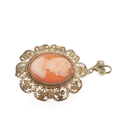 900 Silver Gold Plated Vintage Real MOP Carved Lady Cameo Pin Brooch / Pendant