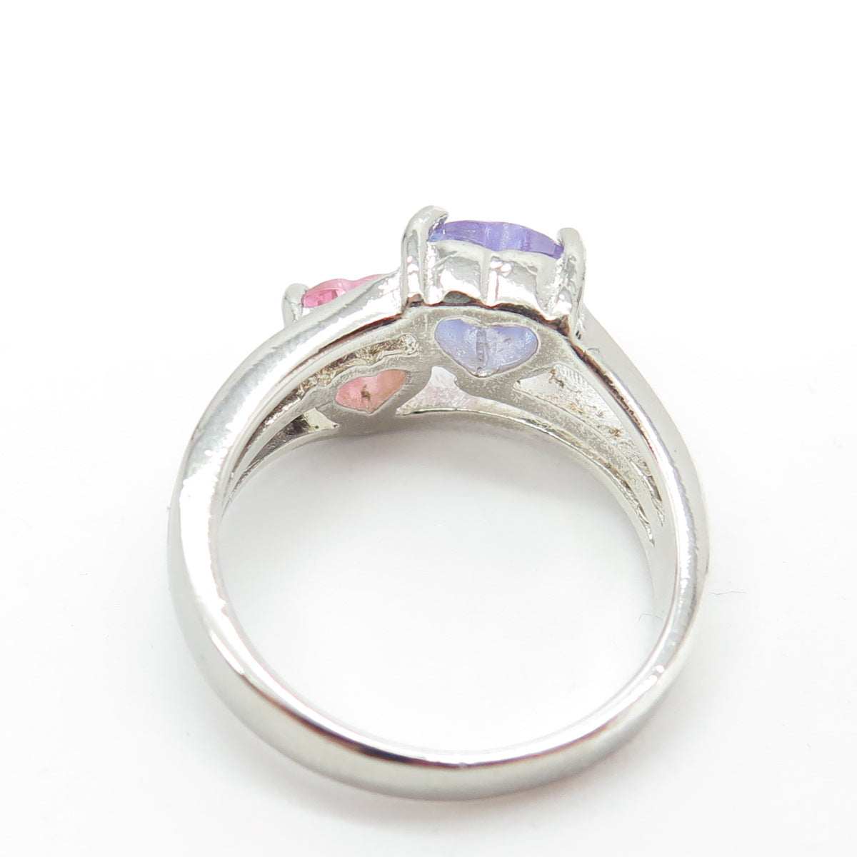 925 Sterling Silver Purple & Pink C Z Heart Ring Size 6.75