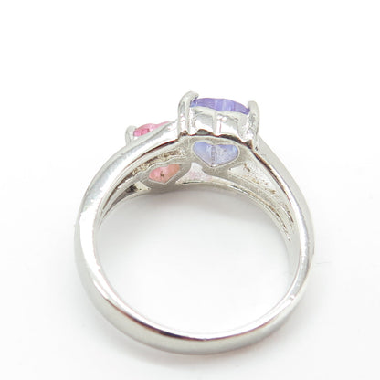 925 Sterling Silver Purple & Pink C Z Heart Ring Size 6.75
