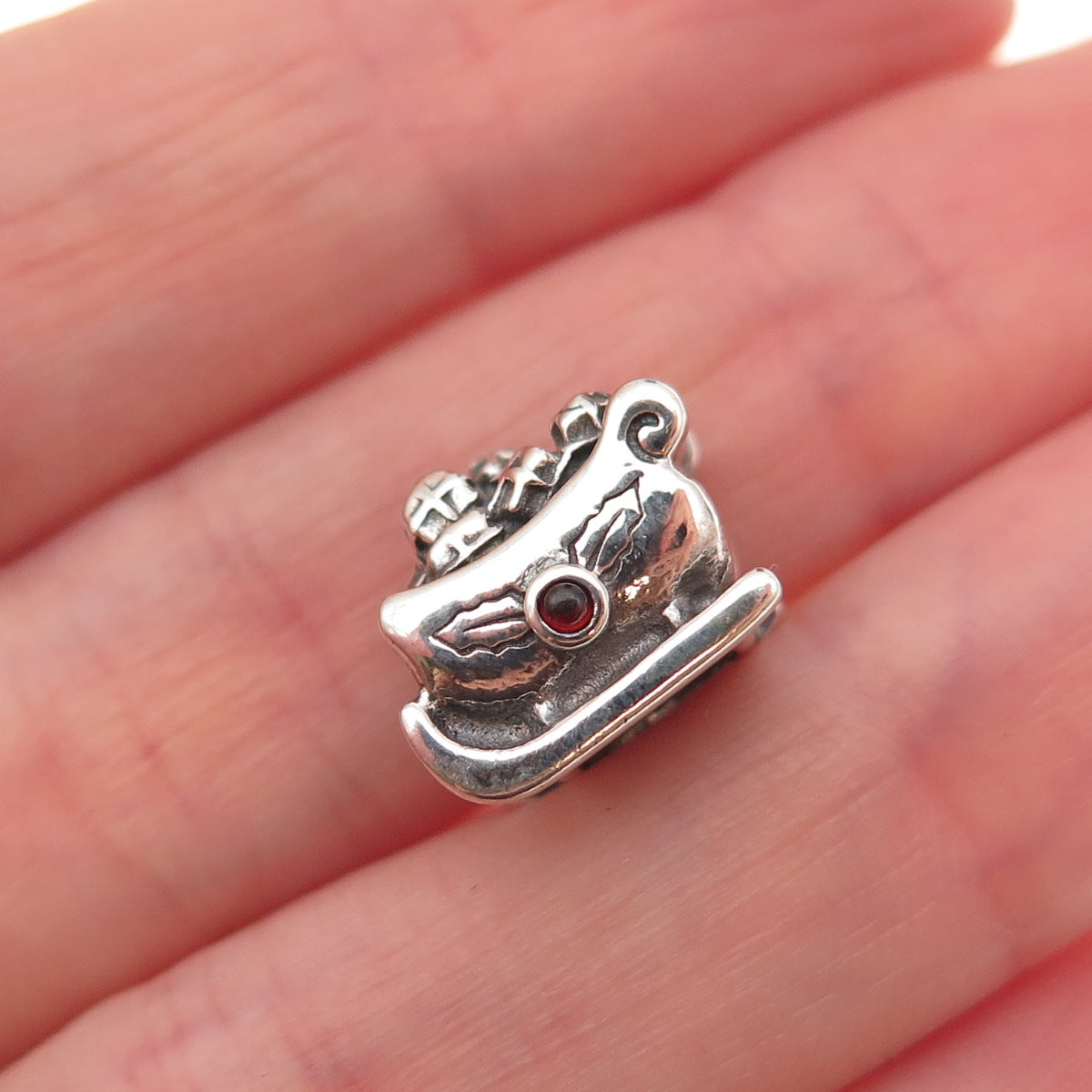 Pandora 925 Sterling Silver Real Red Garnet Santa’s Sleigh Slide Bead Charm