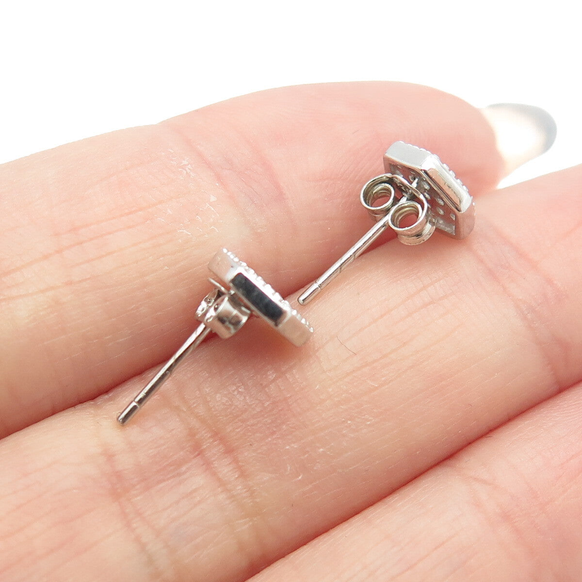 925 Sterling Silver Round-Cut C Z Hexagon Stud Earrings