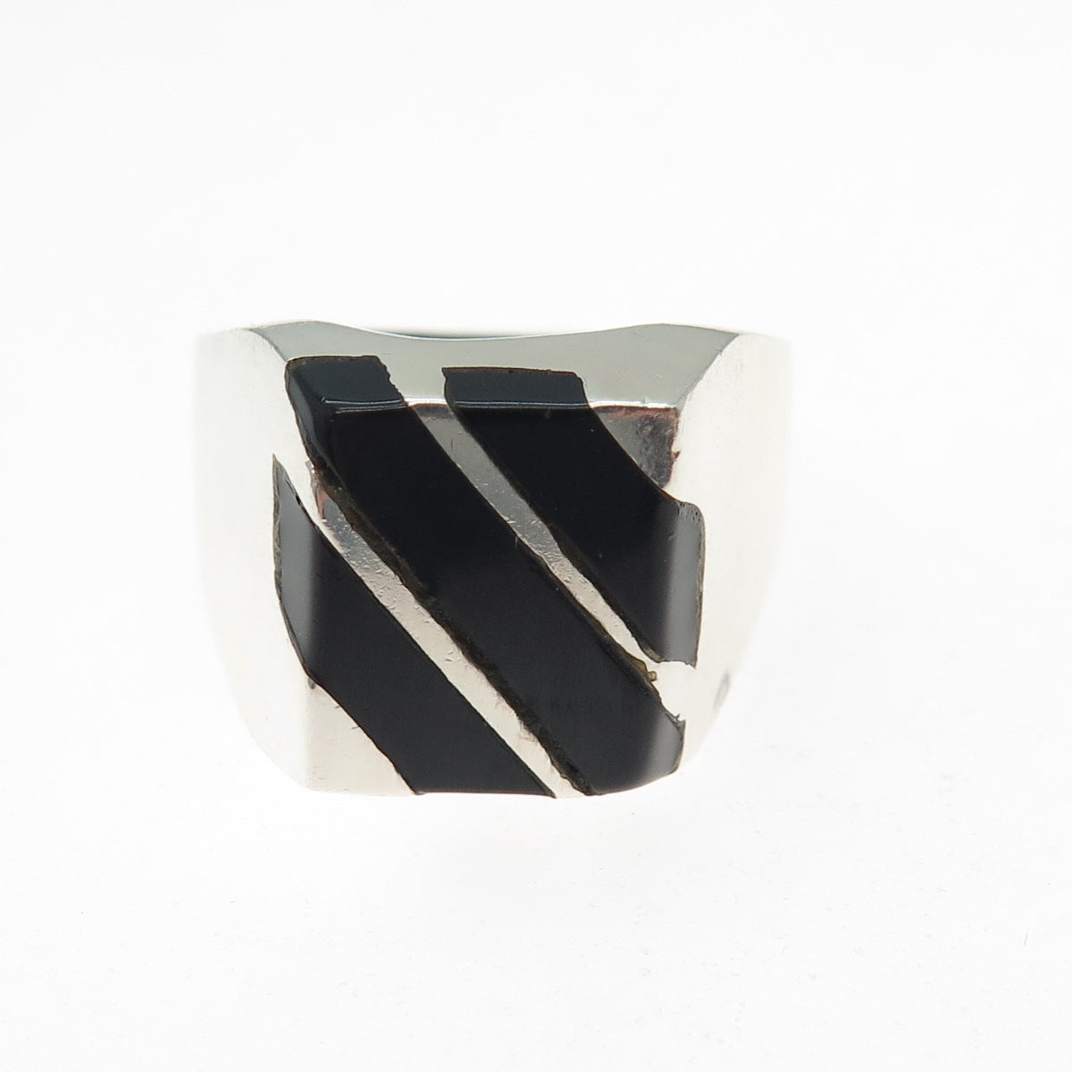 925 Sterling Silver Vintage Mexico Real Black Onyx Modernist Ring Size 11.75