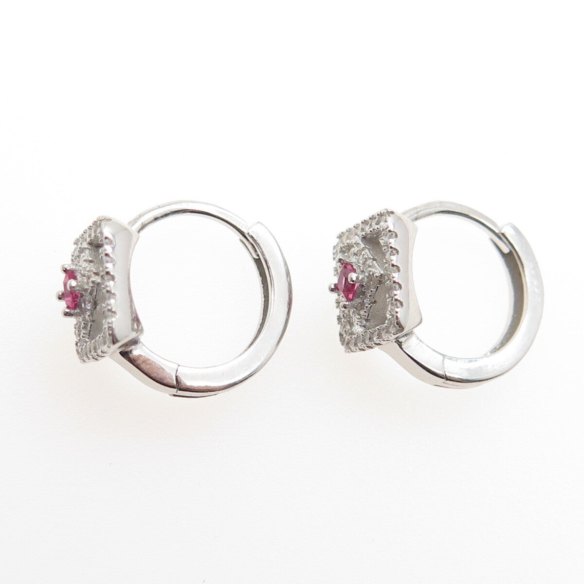 925 Sterling Silver Pink Princess-Cut & White Round-Cut Shaped C Z Hoop Earrings