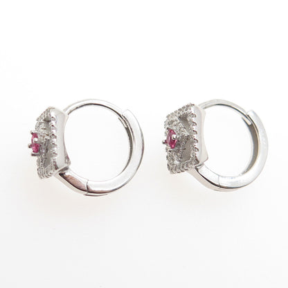 925 Sterling Silver Pink Princess-Cut & White Round-Cut Shaped C Z Hoop Earrings