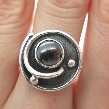 925 Sterling Silver Vintage Real Hematite Modernist Spiral Oxidized Ring Size 7