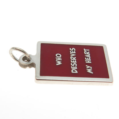 925 Sterling Silver Red Enamel "Who Deserves My Heart" Minimalist Charm Pendant