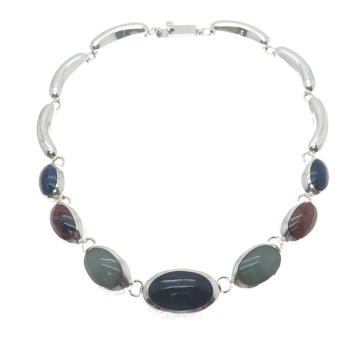 925 Sterling Silver Vintage Mexico Black Onyx Jade Jasper Sodalite Necklace 16"