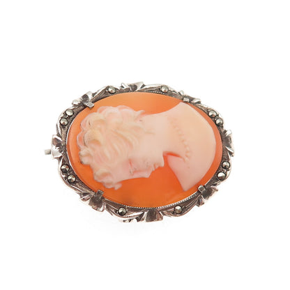 800 Silver Antique Art Deco Real MOP & Marcasite Lady Cameo Pin Brooch / Pendant