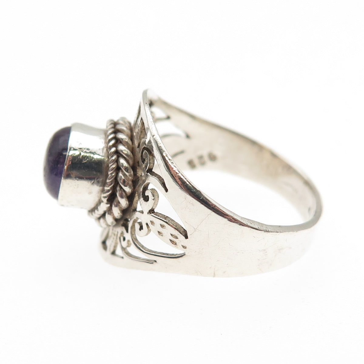 925 Sterling Silver Vintage Real Amethyst Modernist Sun Ring Size 7.75