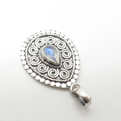 925 Sterling Silver Vintage Real Moonstone Gem Swirl Ornate Pendant