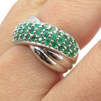 925 Sterling Silver Real Round-Cut Emerald Interlocked Ring Size 7.25