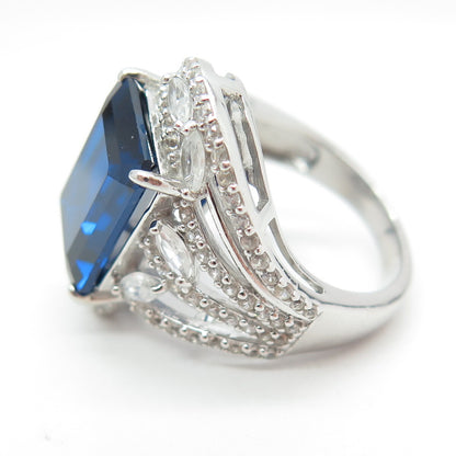 925 Sterling Silver Emerald-Cut Blue & White C Z Bypass Ring Size 7