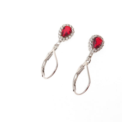 925 Sterling Silver Red & White C Z Teardrop Dangle Earrings