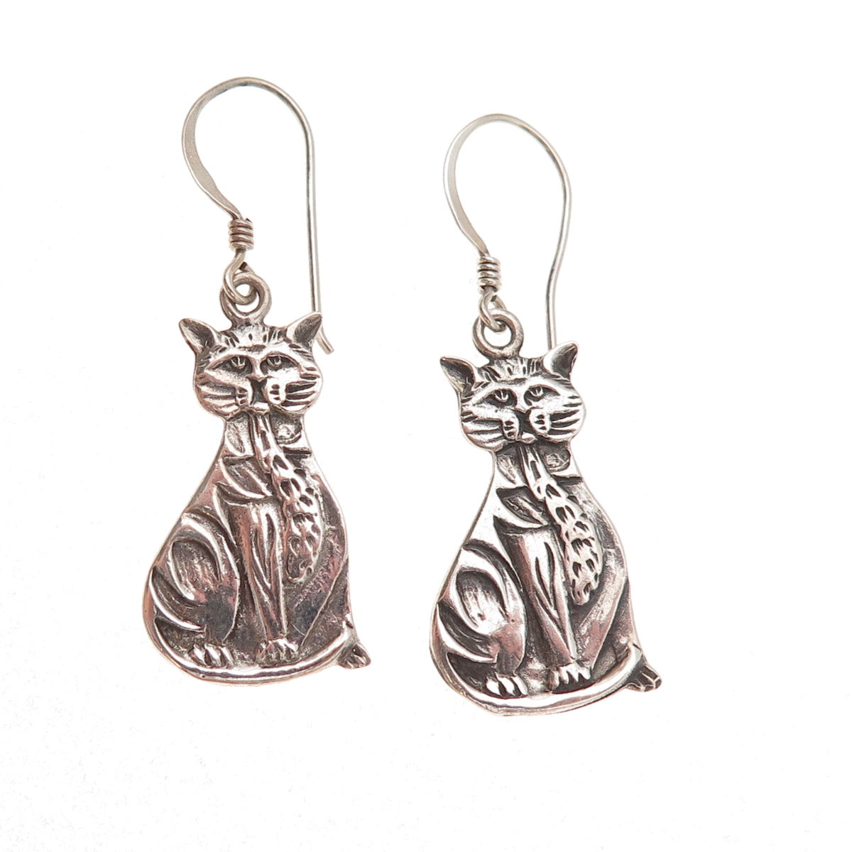925 Sterling Silver Vintage Cat Oxidized Dangle Earrings