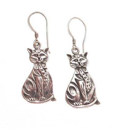 925 Sterling Silver Vintage Cat Oxidized Dangle Earrings