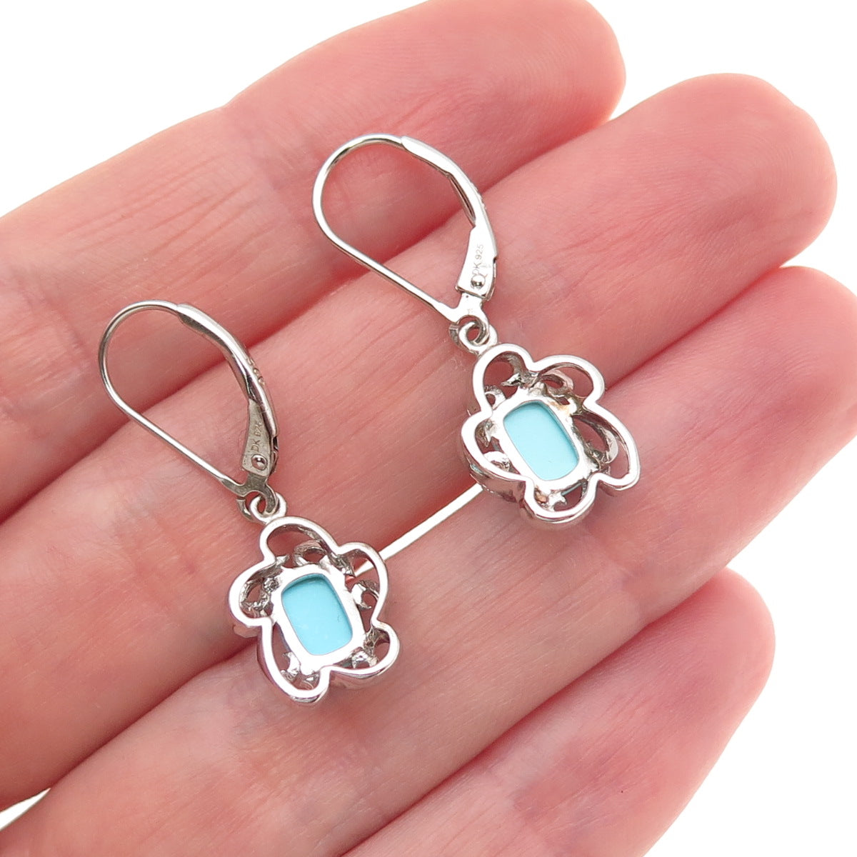 925 Sterling Silver Real Sleeping Beauty Turquoise Floral Dangle Earrings