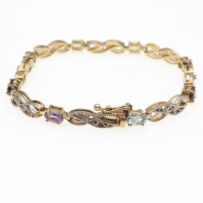 925 Sterling Silver Gold Plated Real Diamond & Multi-Gem Infinity Bracelet 7.25"