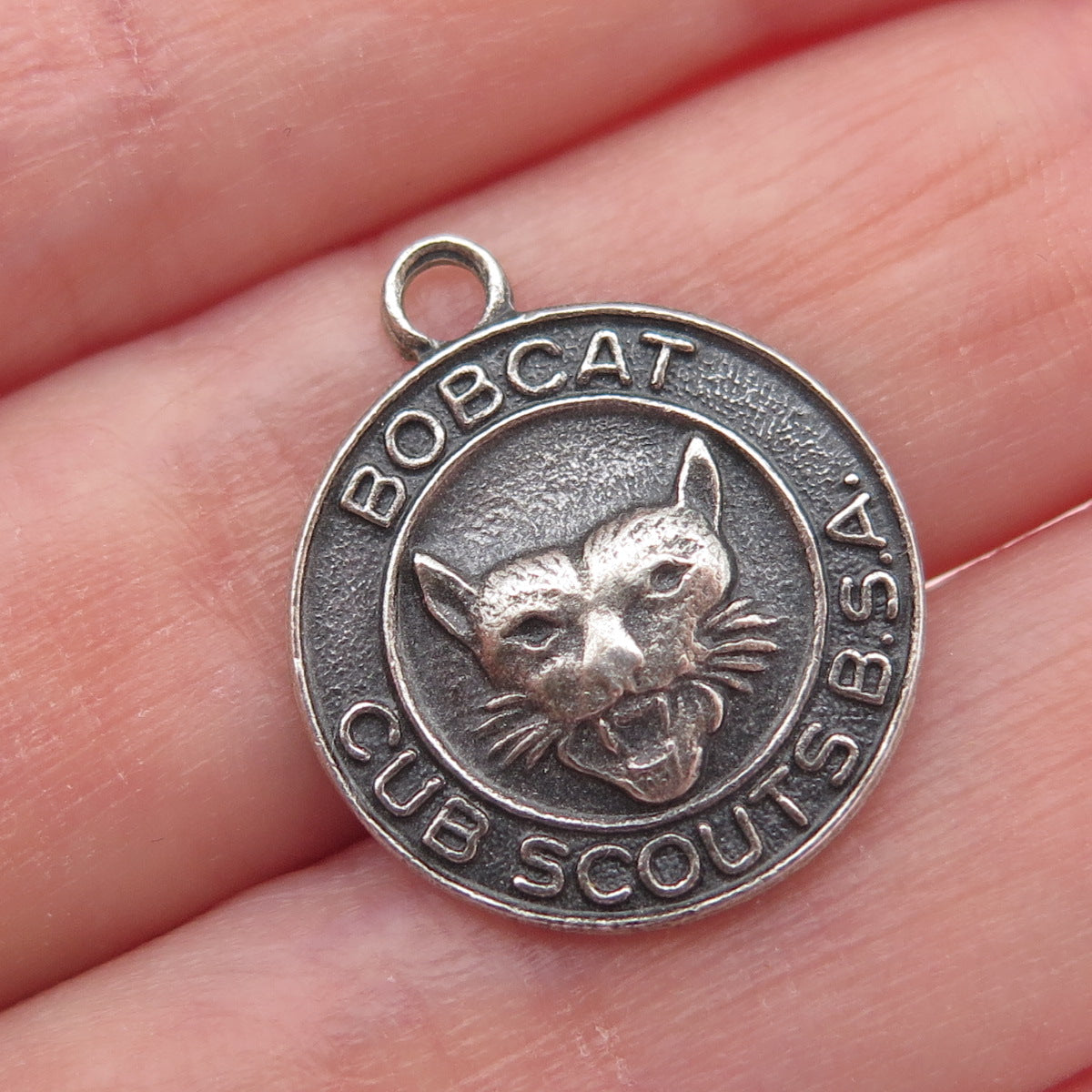 925 Sterling Silver Vintage Bobcat Cub Scouts Oxidized Charm Pendant