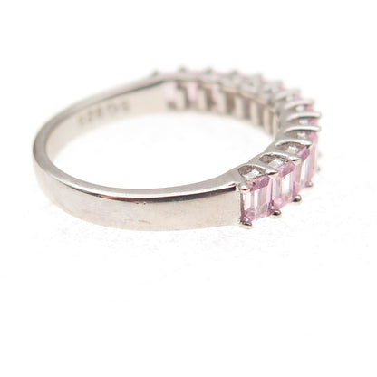 925 Sterling Silver Emerald-Cut Pink C Z Half Eternity Band Ring Size 6