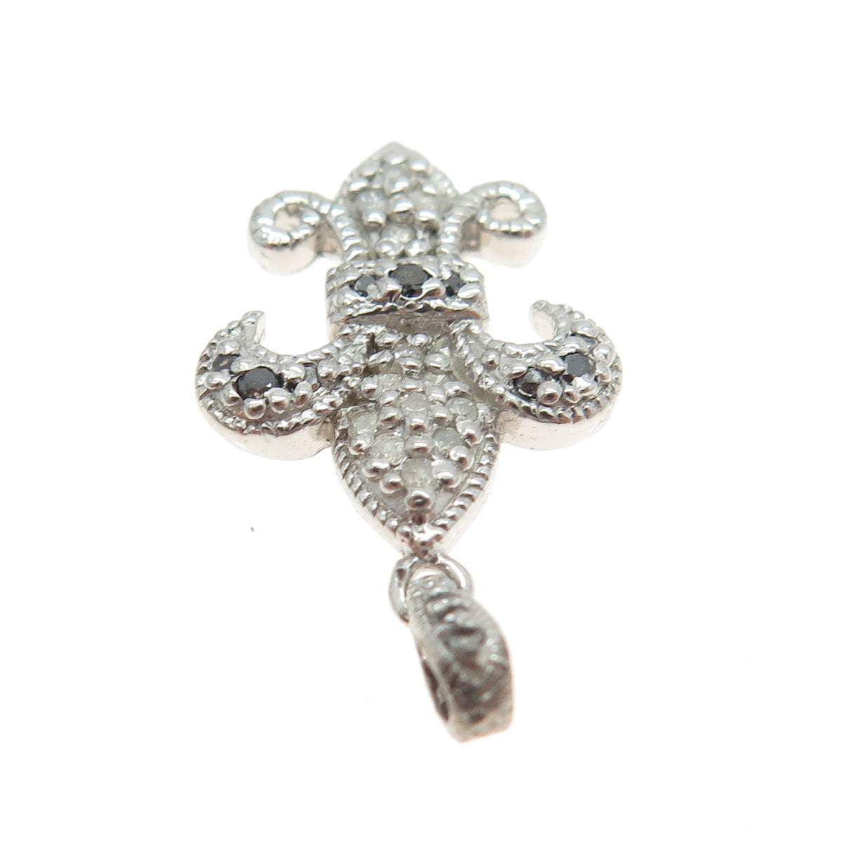 925 Sterling Silver Real Round-Cut Black & White Diamond Fleur de Lis Pendant