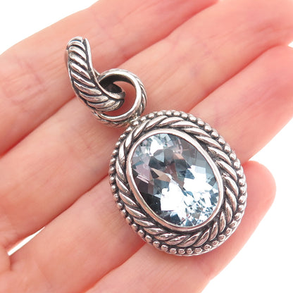 925 Sterling Silver Vintage Real Blue Topaz Modernist Oxidized Charm Pendant