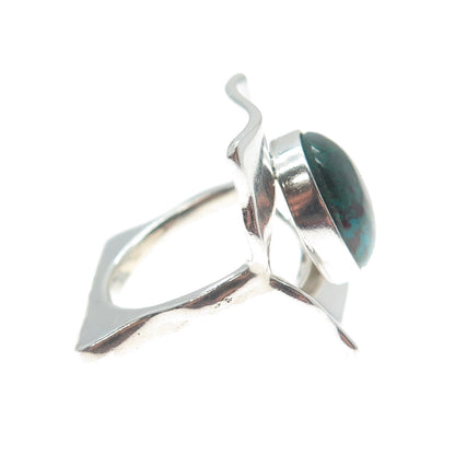 950 Silver Vintage Real Chrysocolla Gemstone Modernist Ring Size 4.75