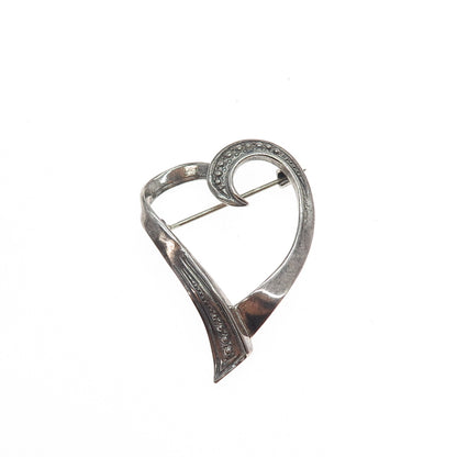 925 Sterling Silver Vintage Modernist Open Heart Oxidized Pin Brooch