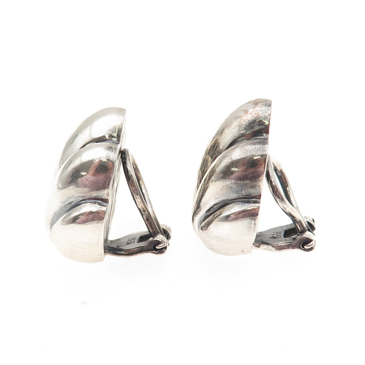 925 Sterling Silver Vintage Modernist Seashell Oxidized Clip On Earrings