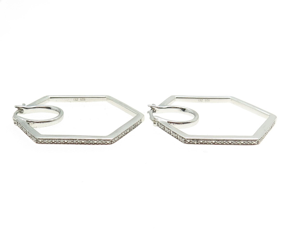 ZEI 925 Sterling Silver Real Round-Cut Diamond Geometric Hoop Earrings