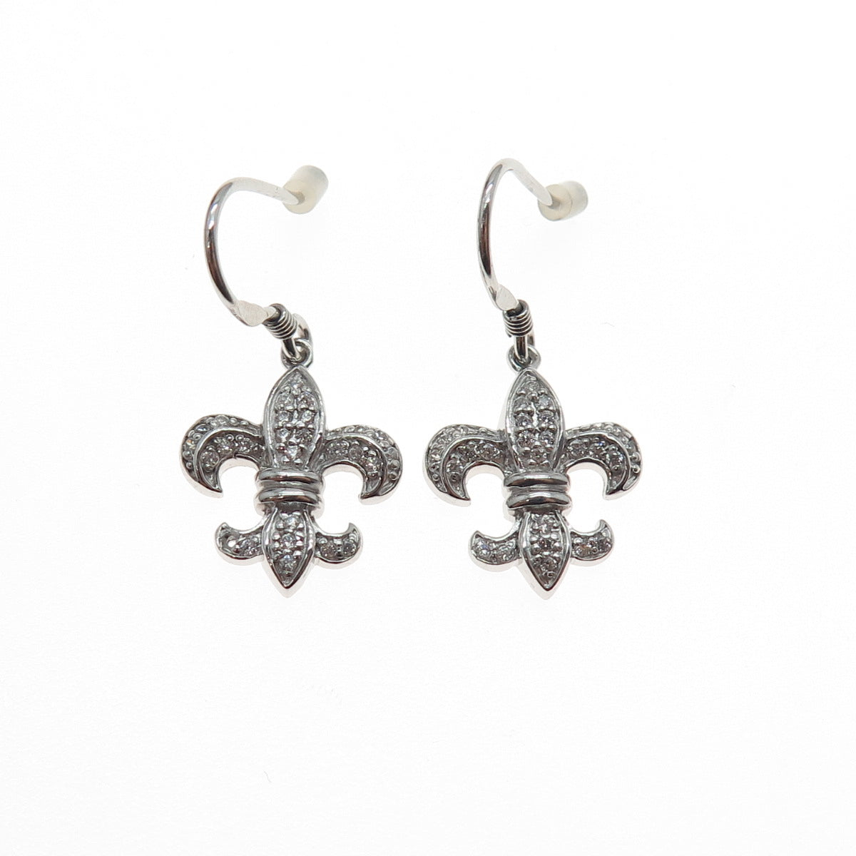 925 Sterling Silver Round-Cut C Z Fleur de Lis Dangle Earrings