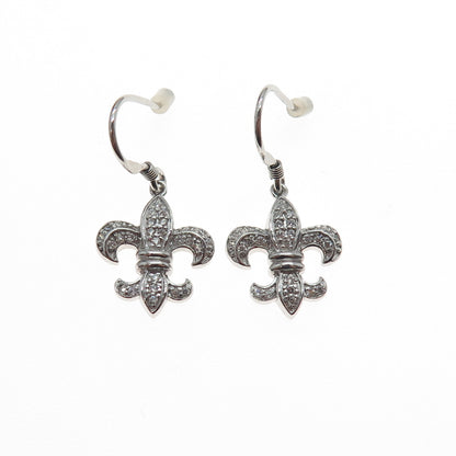 925 Sterling Silver Round-Cut C Z Fleur de Lis Dangle Earrings