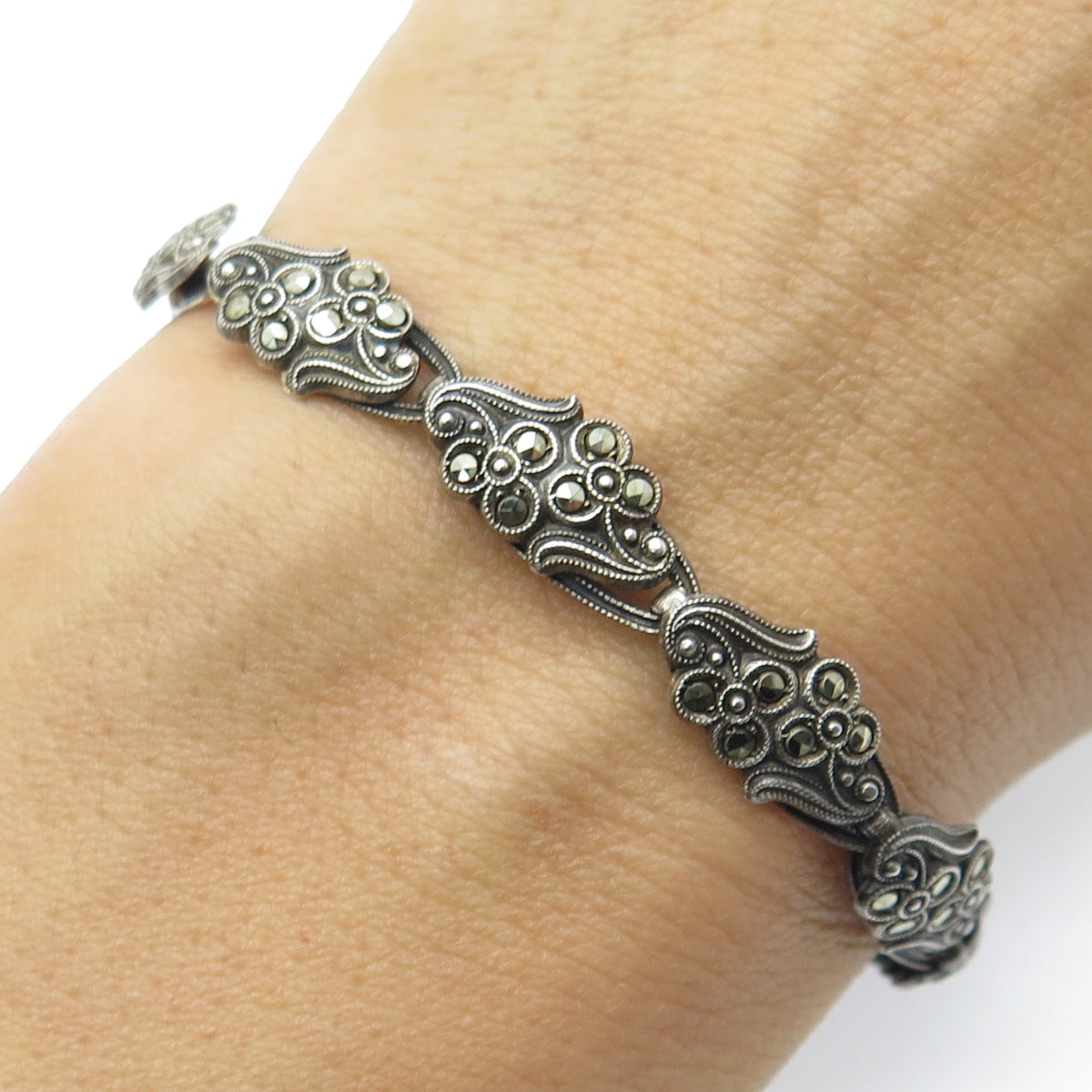 925 Sterling Silver Antique Sweden Real Marcasite Bracelet 7" (missing clasp)