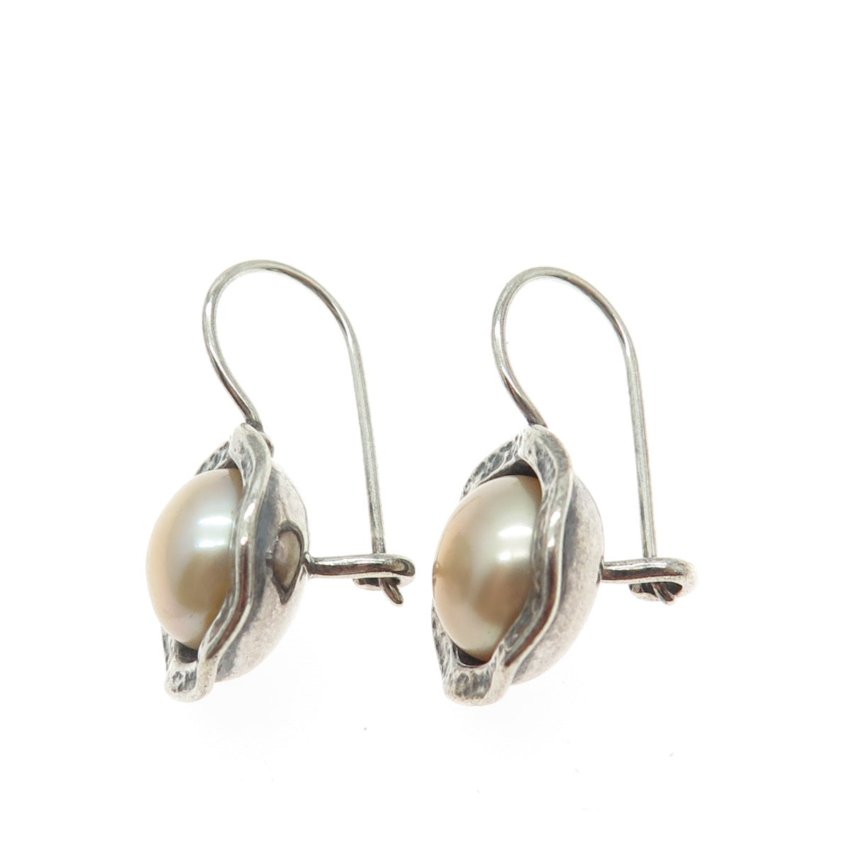 DIDAE 925 Sterling Silver Vintage Israel Real Pearl Hammered Finish Earrings