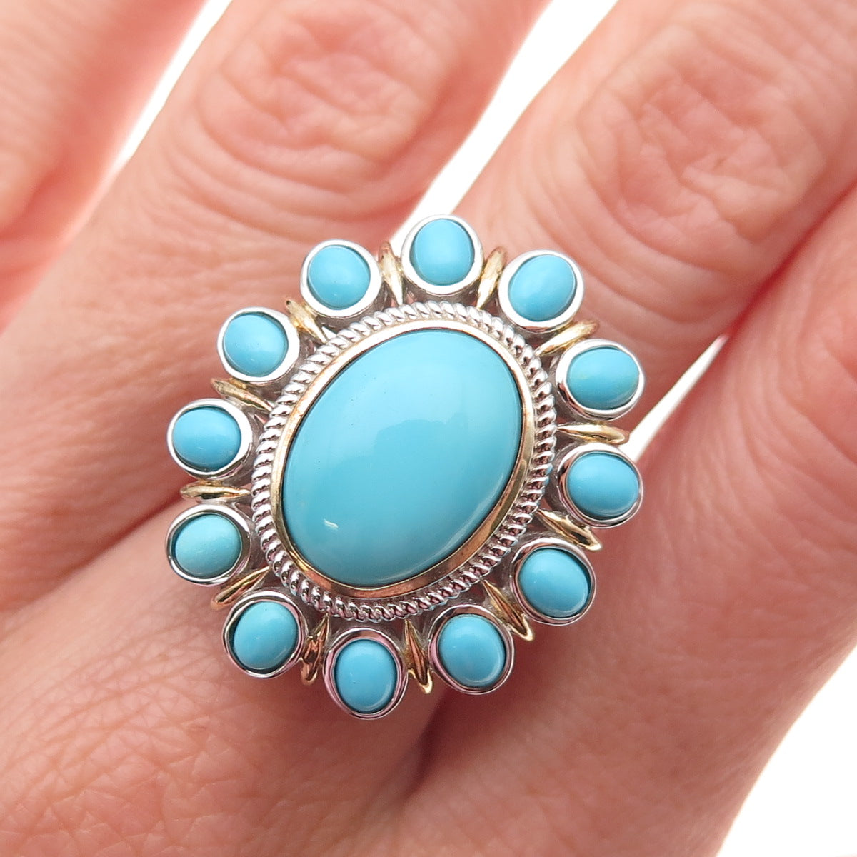 925 Sterling Silver Real Sleeping Beauty Turquoise Floral Ring Size 8.25