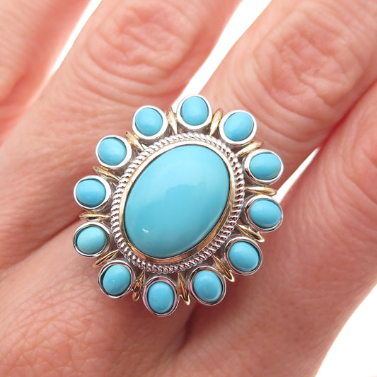 925 Sterling Silver Real Sleeping Beauty Turquoise Floral Ring Size 8.25