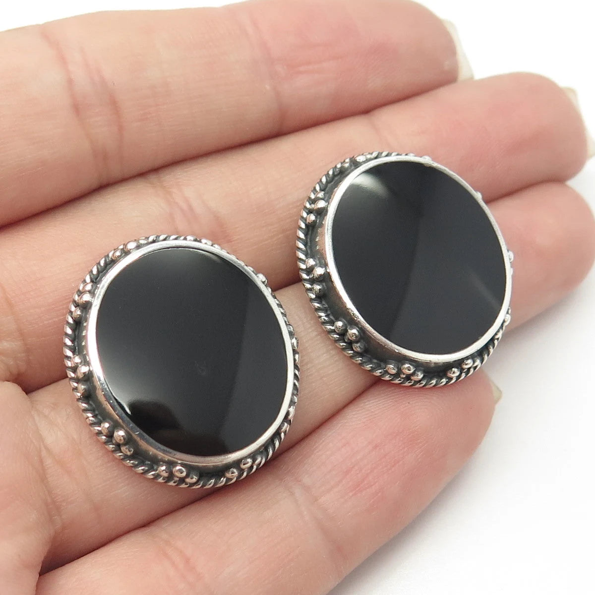925 Sterling Silver Vintage WOODS Real Black Onyx Gemstone Earrings