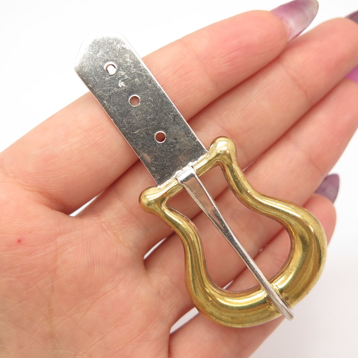 925 Sterling Silver 2-Tone Vintage Mexico Laton Belt Buckle Pin Brooch