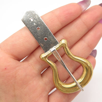 925 Sterling Silver 2-Tone Vintage Mexico Laton Belt Buckle Pin Brooch