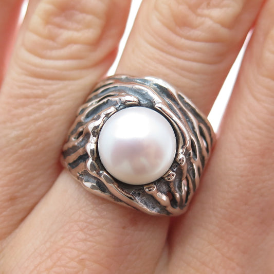 HAGIT GORALI Sterling Silver Vintage Israel Real Pearl Modernist Ring Size 8.25