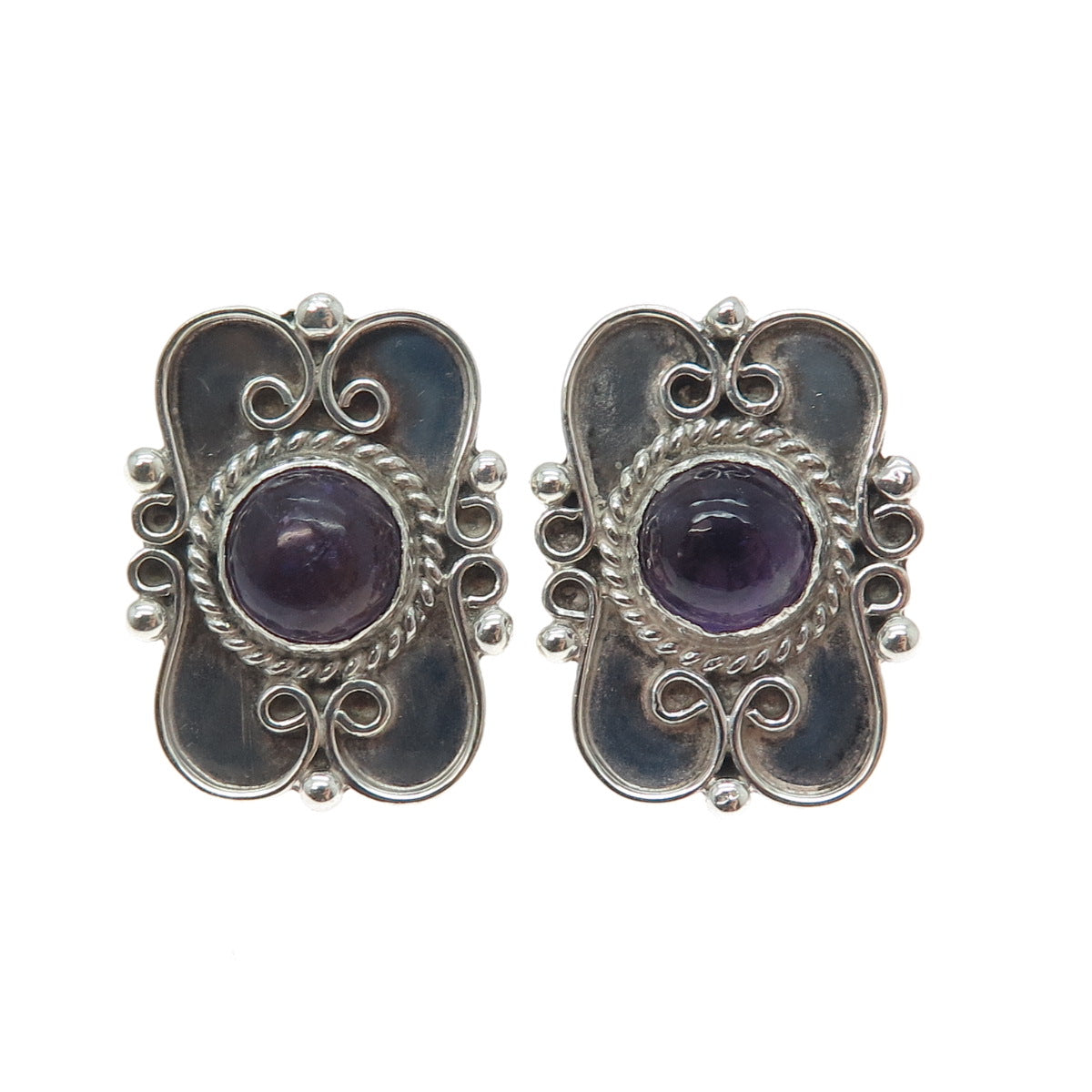 980 Silver Vintage Mexico Real Amethyst Modernist Oxidized Earrings