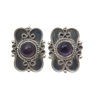 980 Silver Vintage Mexico Real Amethyst Modernist Oxidized Earrings